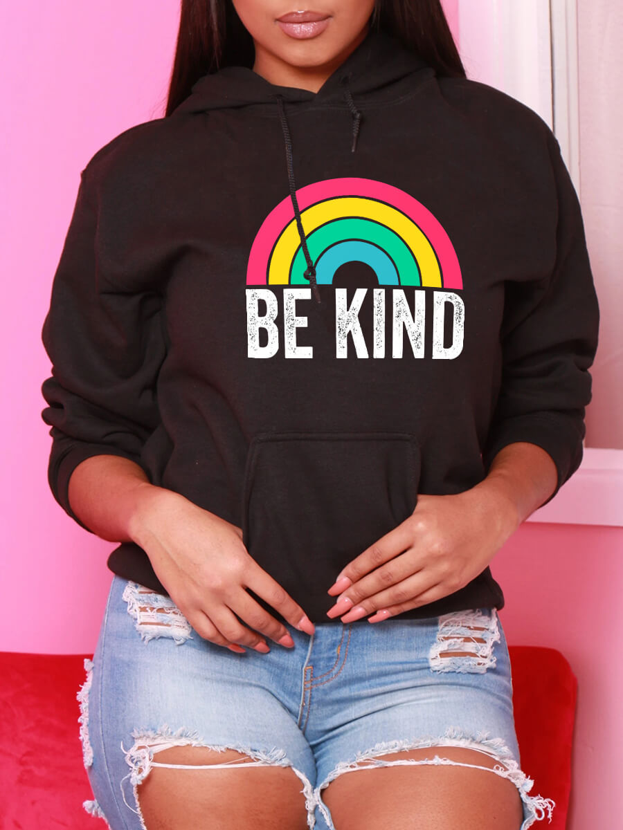 

Lovely Casual Rainbow Letter Print Black Hoodie