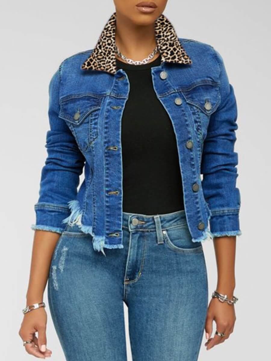 

Lovely Stylish Leopard Print Raw Edge Deep Blue Denim Coat