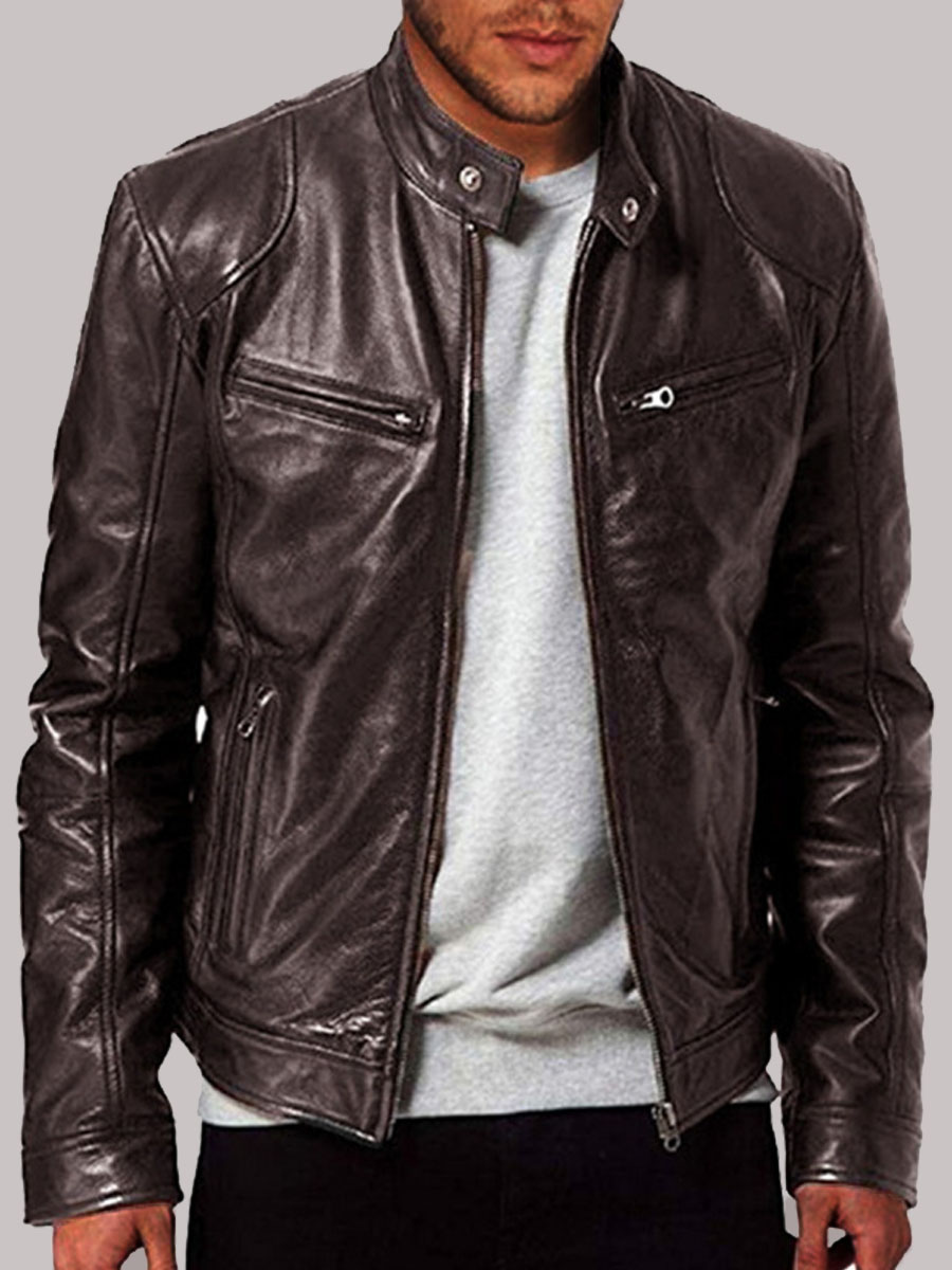 

Lovely Men Casual Mandarin Collar Zipper Design Brown Jacket