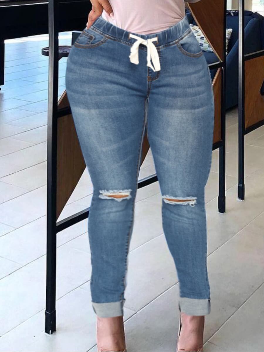 

Lovely Street Broken Holes Drawstring Baby Blue Jeans