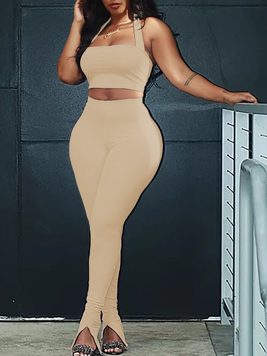 LW SXY Off The Shoulder High-waisted Front Slit Khaki Two Piece Pants Set