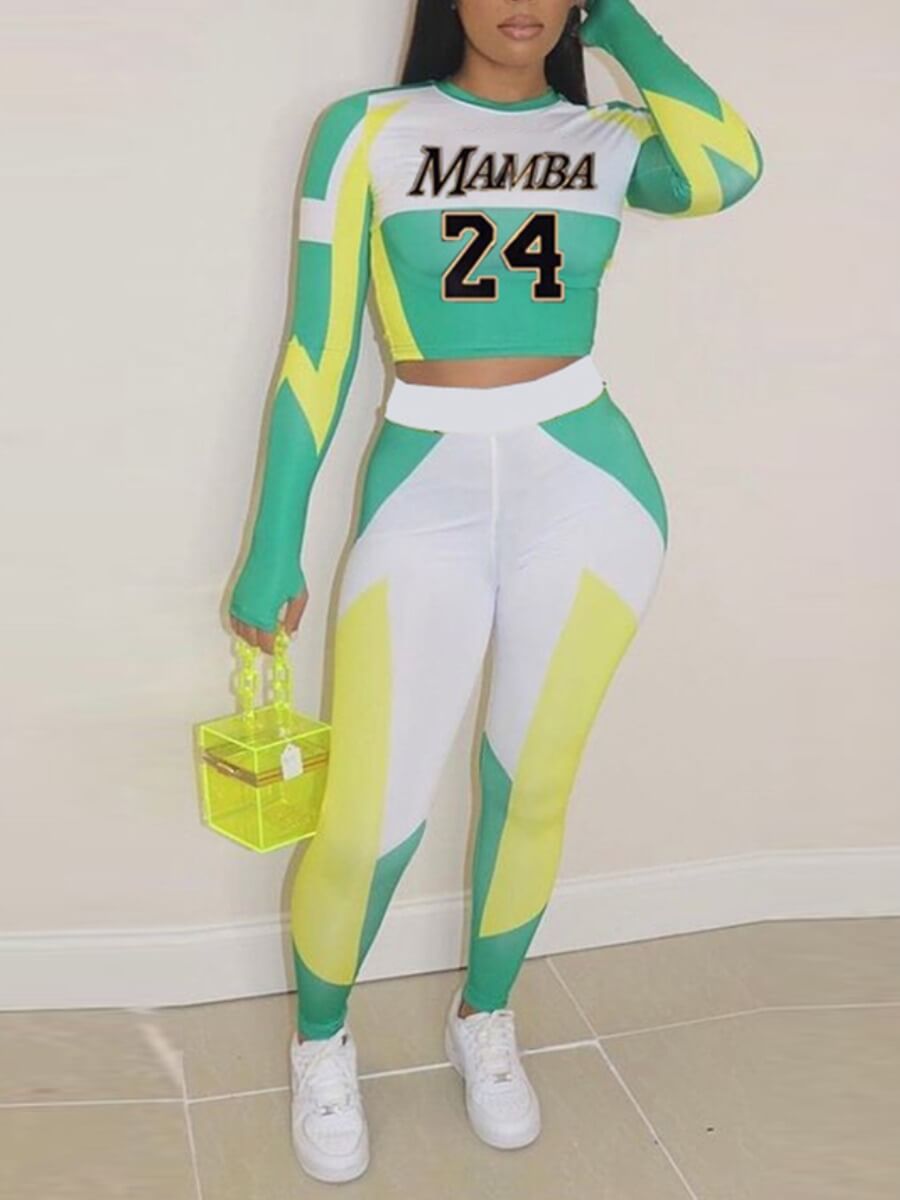 

Lovely Sportswear Letter Print Color-lump Patchwork Green Two Piece Pants Set