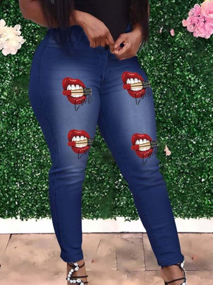 

Lovely Chic High-waisted Lip Print Deep Blue Jeans