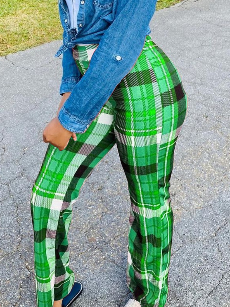

Lovely Trendy High-waisted Plaid Print Green Pants