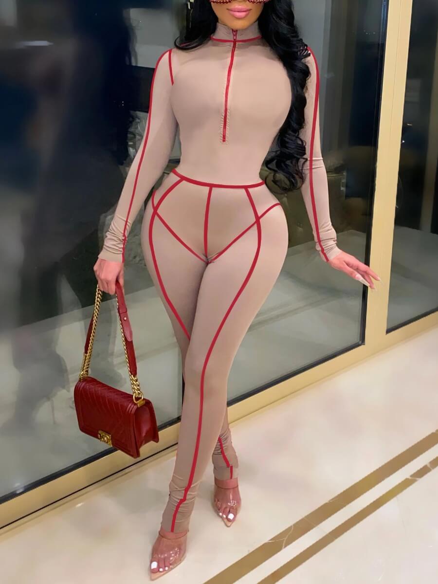 

Lovely Sweet Turtleneck Striped Apricot One-piece Jumpsuit