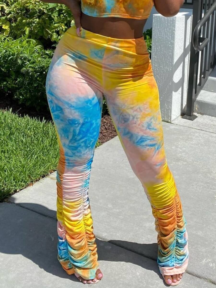 

Lovely Sweet Tie-dye Ruched Yellow Pants(No-positioning Printing)