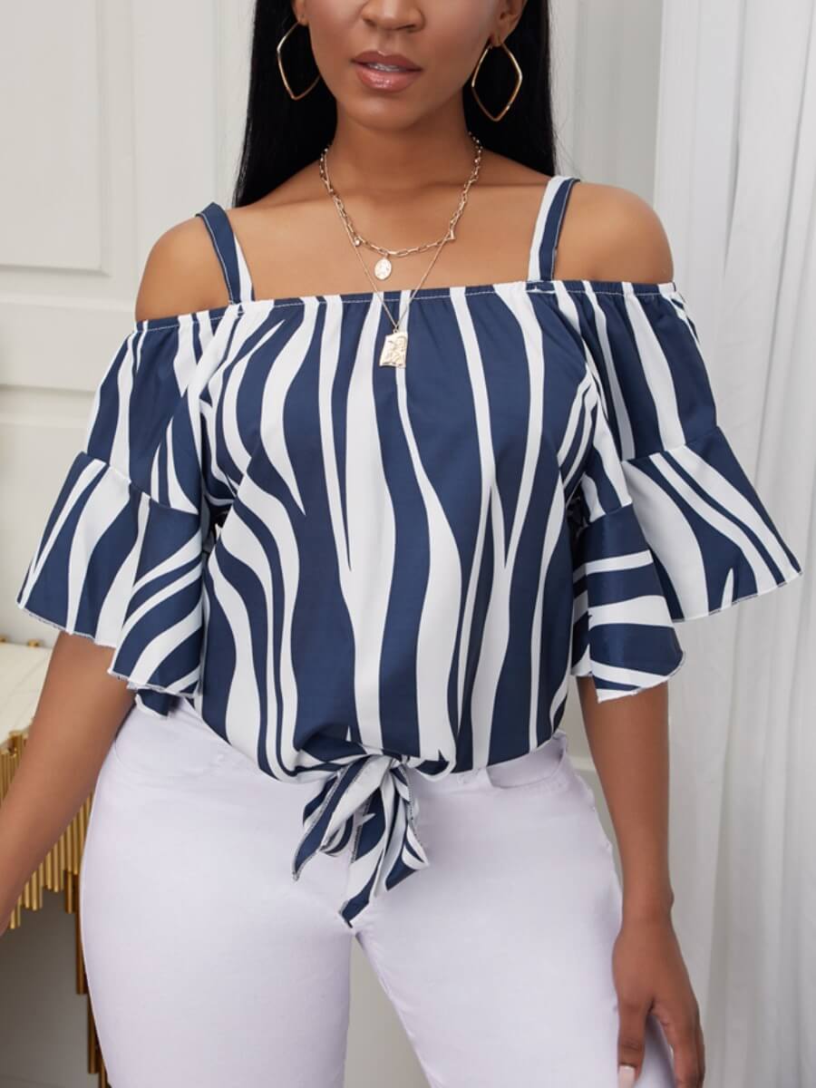 

LW Formal Off The Shoulder Flared Striped Deep Blue Blouse