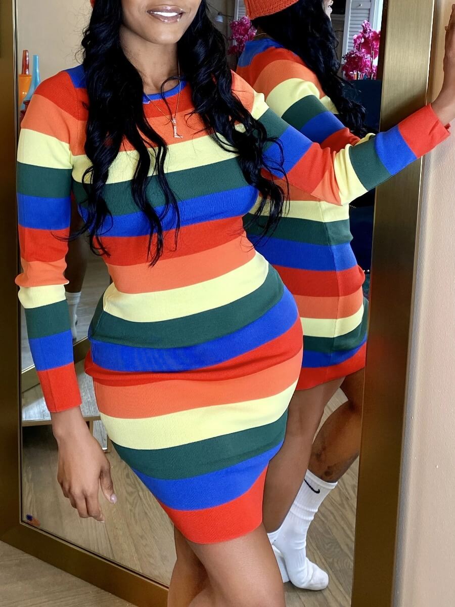 

Lovely Trendy Rainbow Striped Patchwork Orange Knee Length Dress(No-positioning Printing