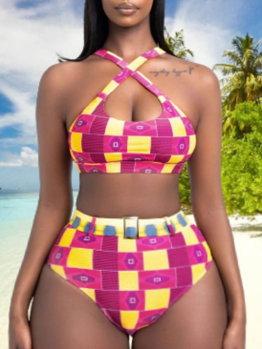 

Lovely Trendy Geometric Print Cross Strap Rose Red Two-piece Swimsuit
