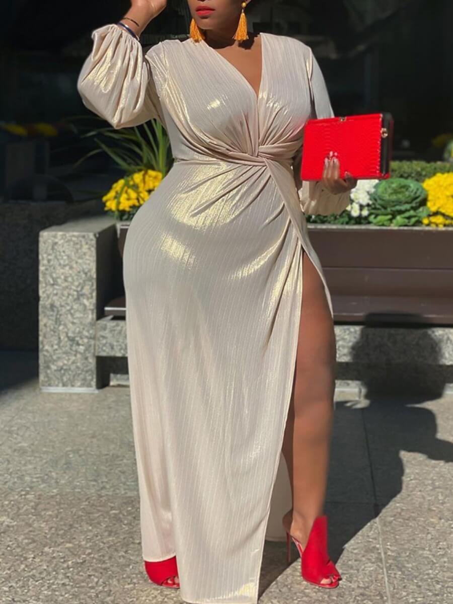 

Lovely Plus Size Party Side High Split Ruffle Design Silver Floor Length Dress