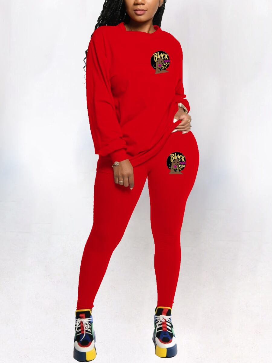 

Lovely Casual O Neck Letter Print Red Two Piece Pants Set