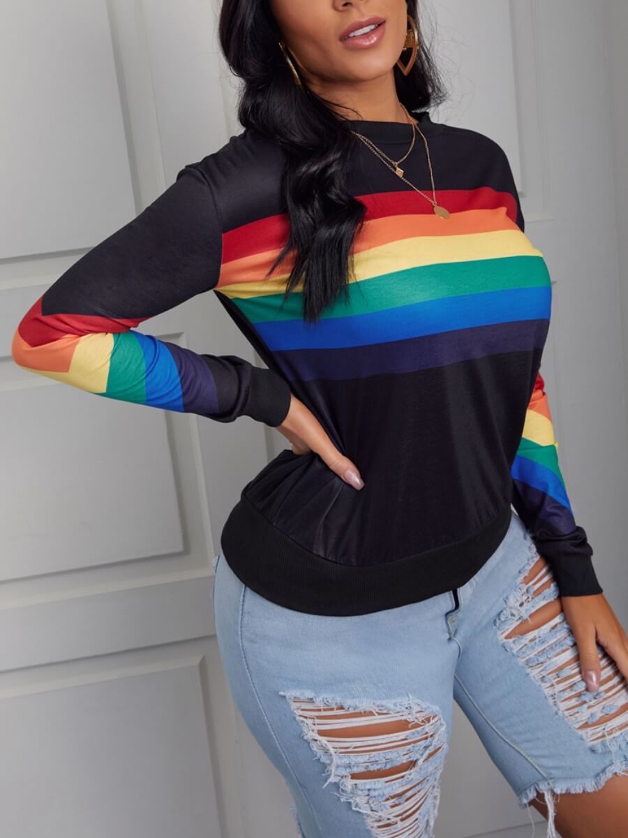 

Lovely Casual O Neck Striped Print Black Hoodie