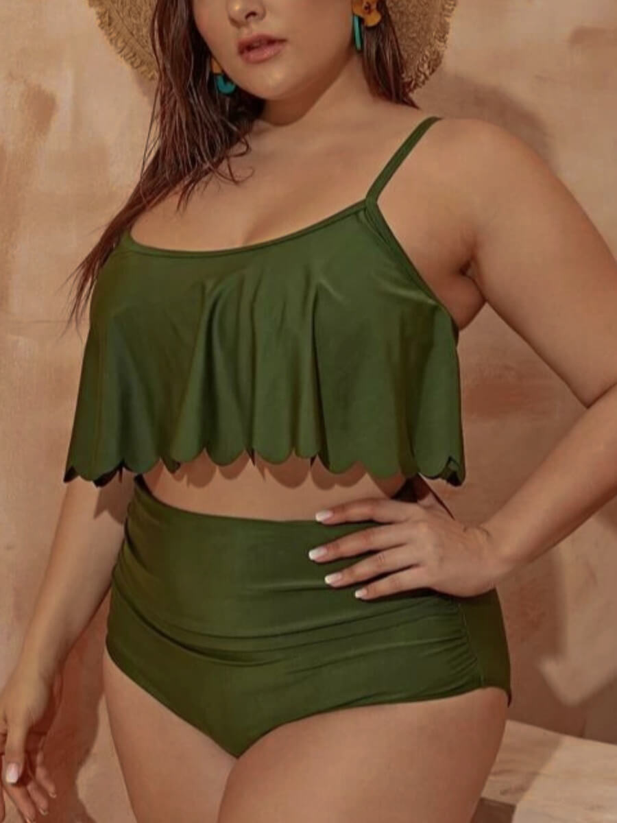 

Lovely Sexy U Neck Flounce Design Green Plus Size Tankini
