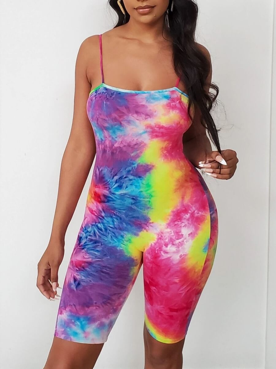 

Lovely Casual Spaghetti Straps Tie-dye Multicolor One-piece Romper, Multi