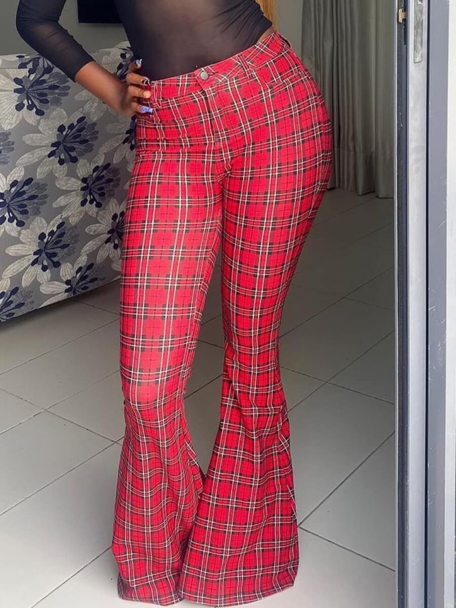 Lovely Chic Flared Plaid Print Red Pants