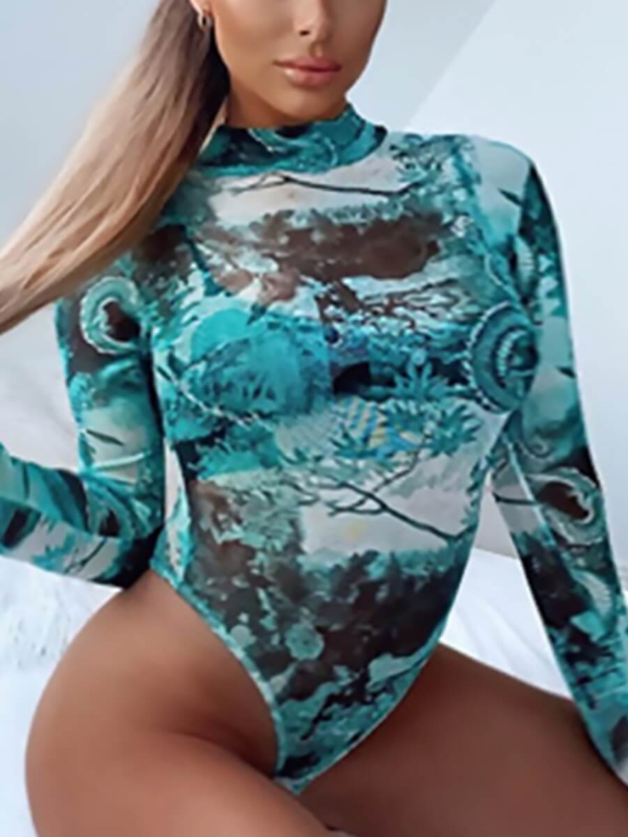 

Lovely Casual Floral Print Mesh Patchwork Blue One-piece Swimsuit