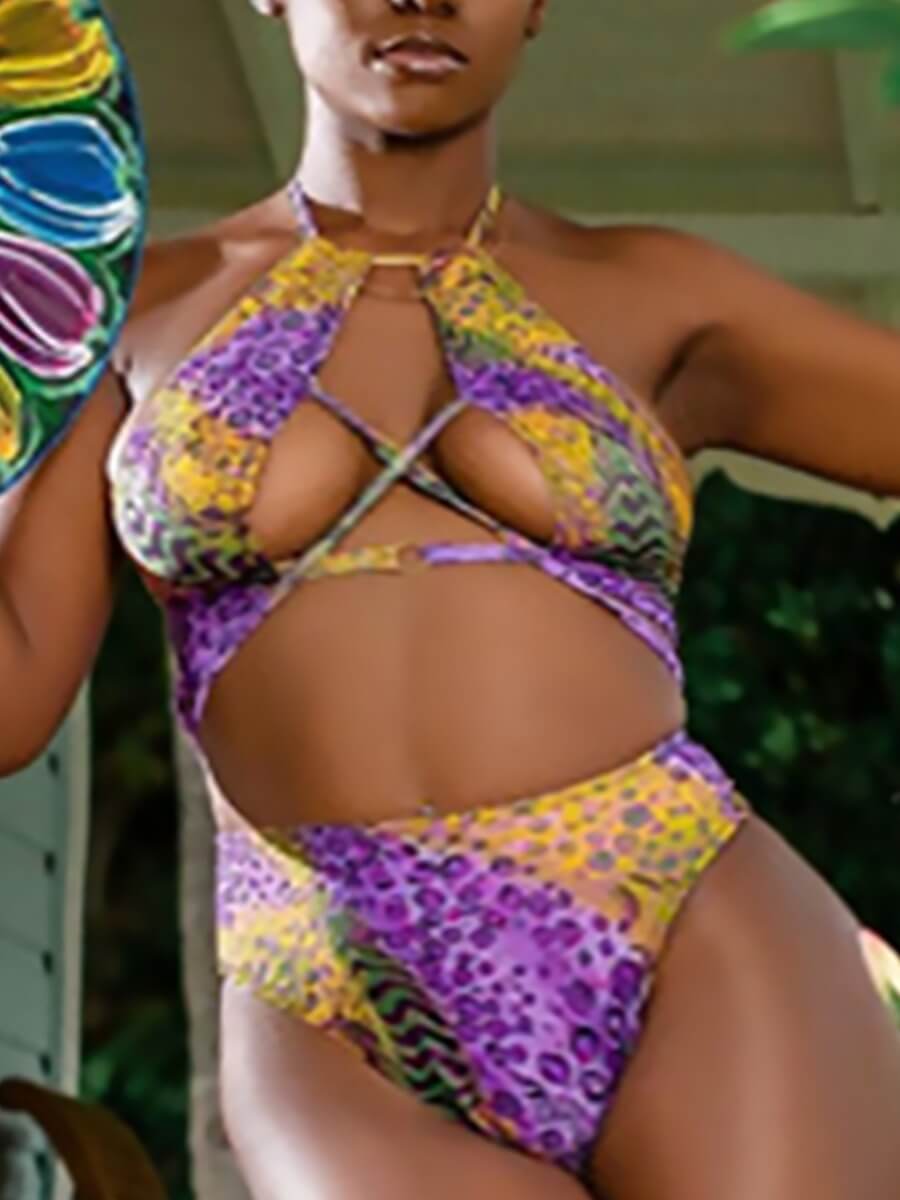 

Lovely Casual Leopard Print Bandage Hollow-out Design Purple Two-piece Swimsuit