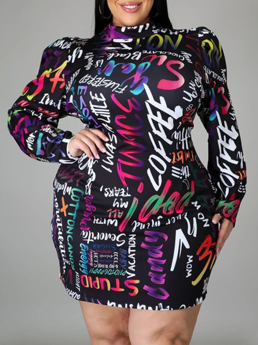 

Lovely Bohemian Letter Print Black Mini Plus Size Dress