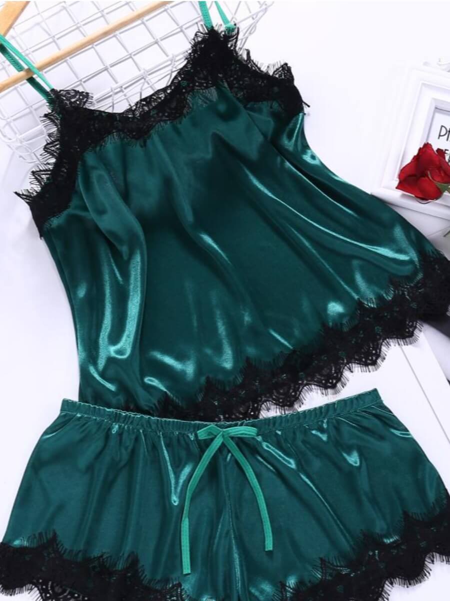 

Lovely Sweet Lace Patchwork Bow-tie Decoration Green Sleepwear