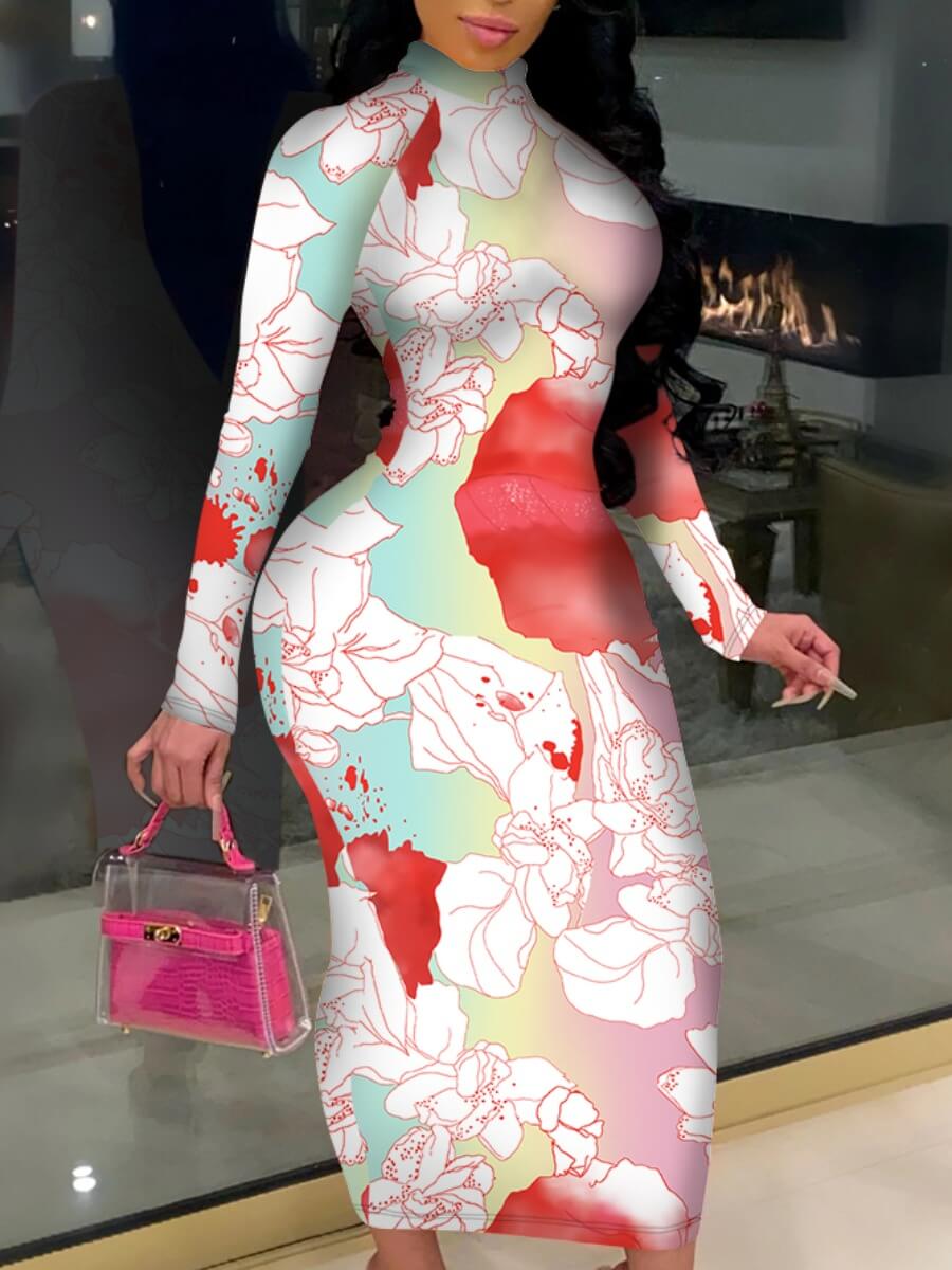 

Lovely Sweet Half A Turtleneck Floral Print White Ankle Length Dress