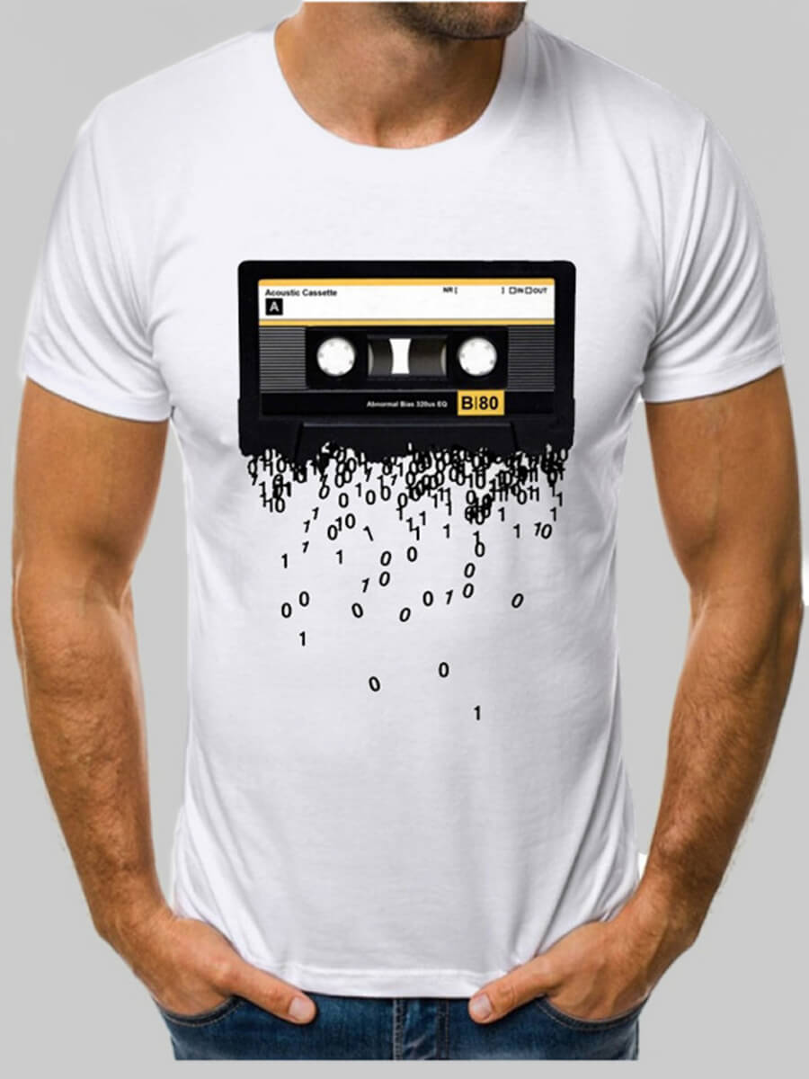 

LW Men Casual O Neck Print Patchwork White T-shirt