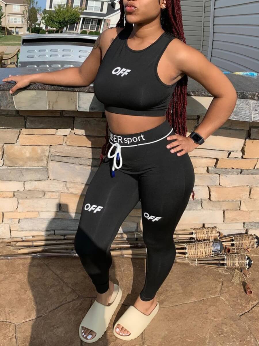 

Lovely Sportswear Letter Print Drawstring Black Yoga Two Piece Pants Set