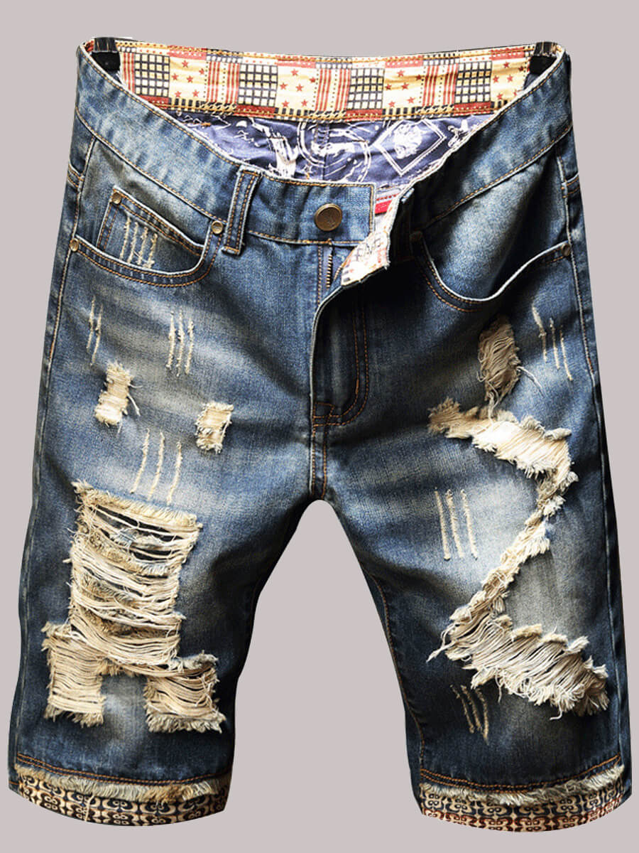

LW Men Casual Mid Waist Ripped Blue Denim Shorts (No Stretch)
