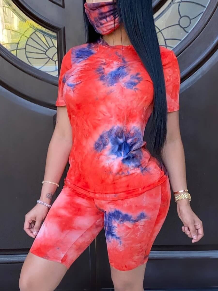 

Lovely Trendy O Neck Tie Dye Red Two Piece Shorts Set