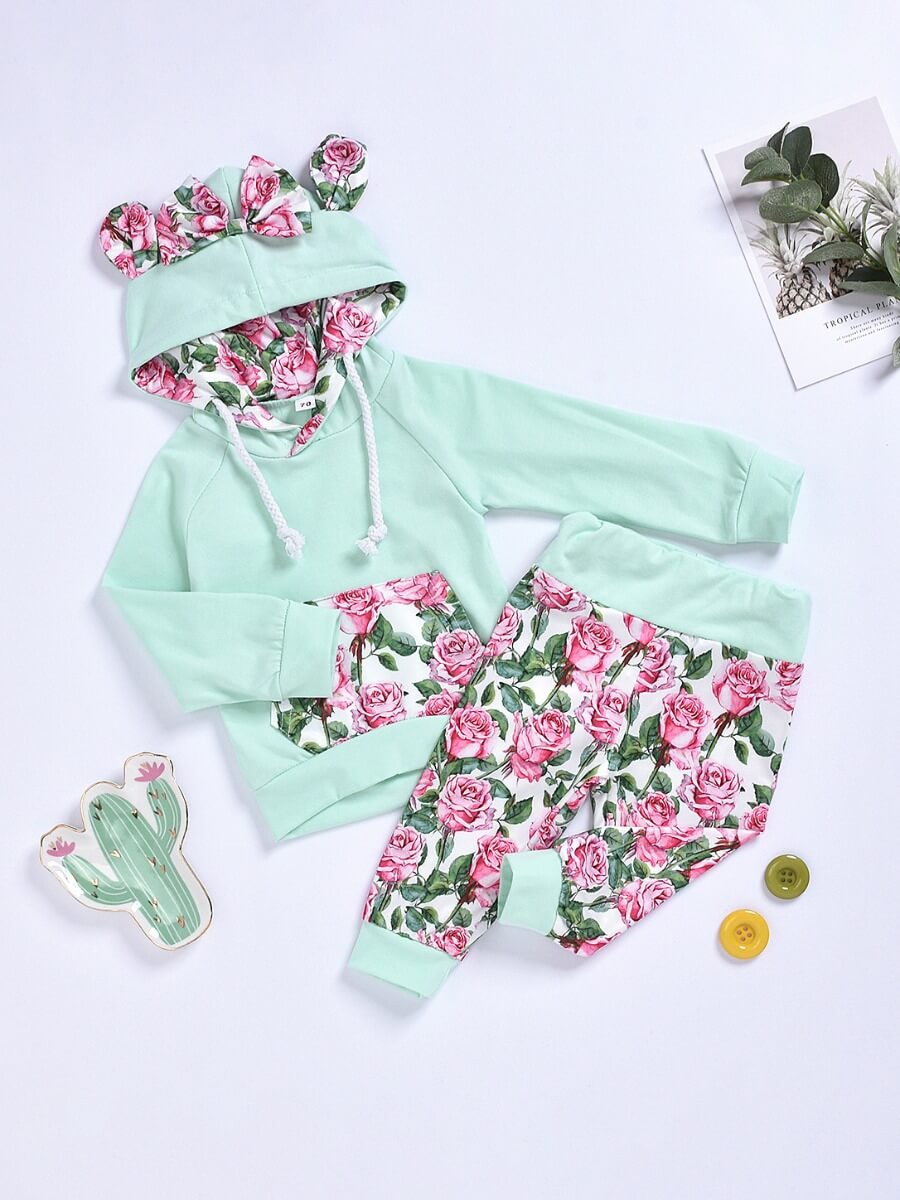 

Lovely Sweet Floral Print Bow-tie Decoration Light Grey Girl Two Piece Pants Set, Light green