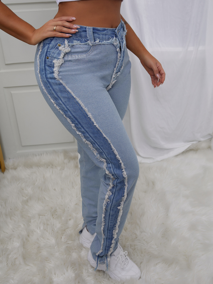 

LW Tassel Design Slit Solid Jeans, Baby blue