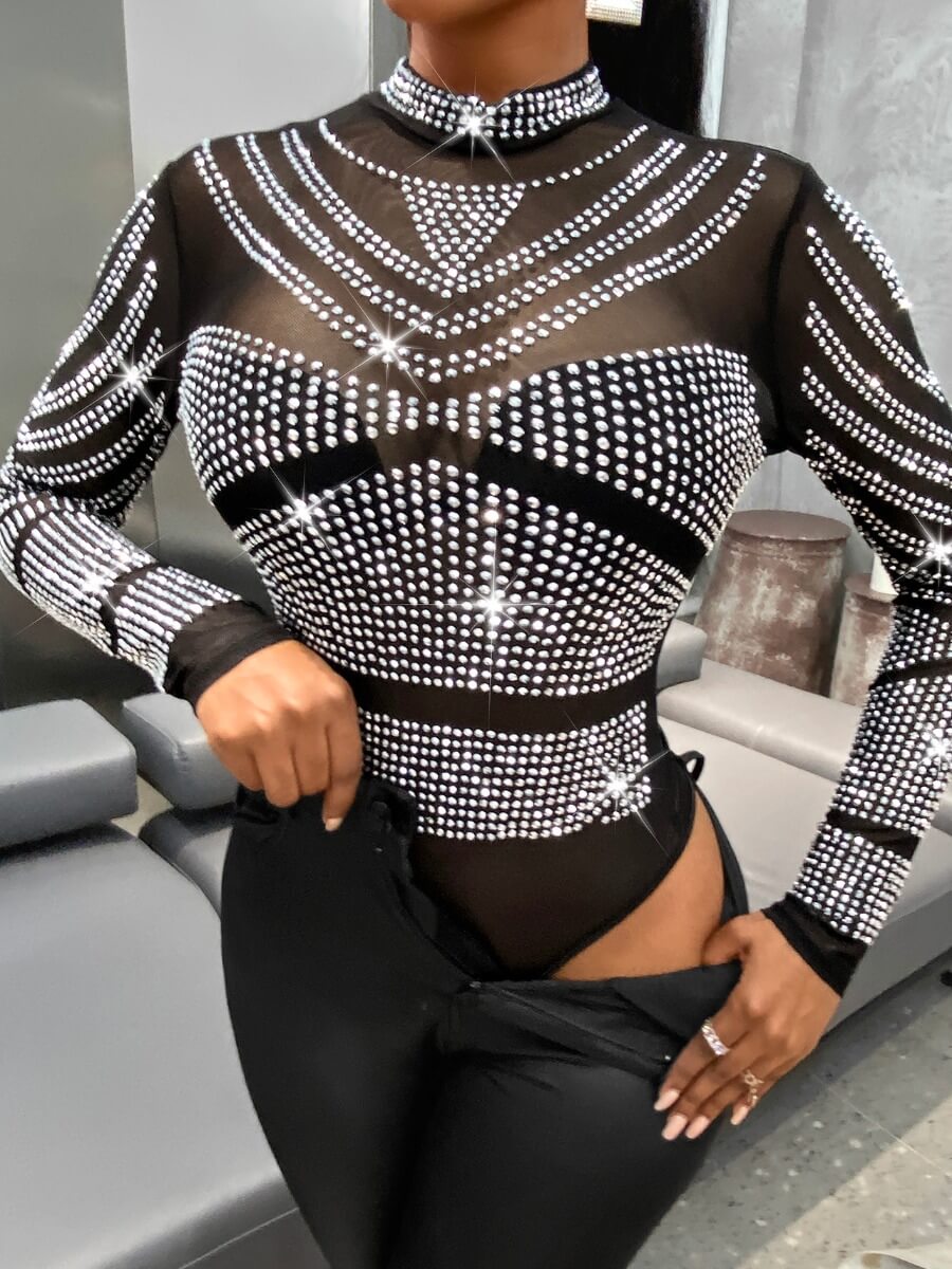 

Lovely Sexy Pearl Decoration Mesh Patchwork Black Bodysuit