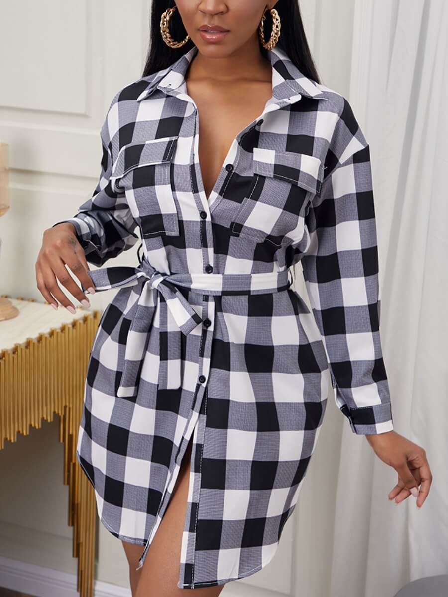 

Lovely Sweet Plaid Print Lace-up Pocket Design Black And White Mini Shirt Dress, Black & white tartan