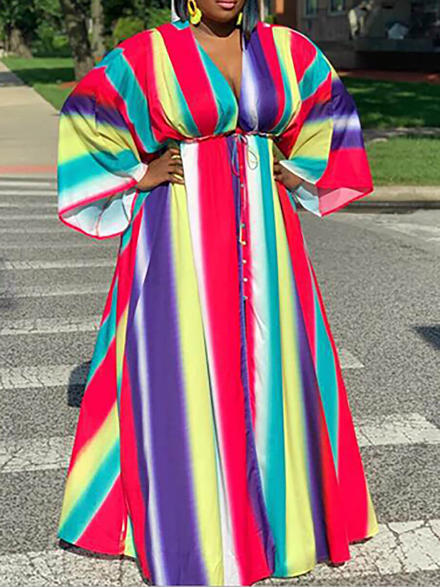 

Lovely Casual Flared Rainbow Striped Bandage Design Multicolor Floor Length A Line Dress, Multicolor mstn