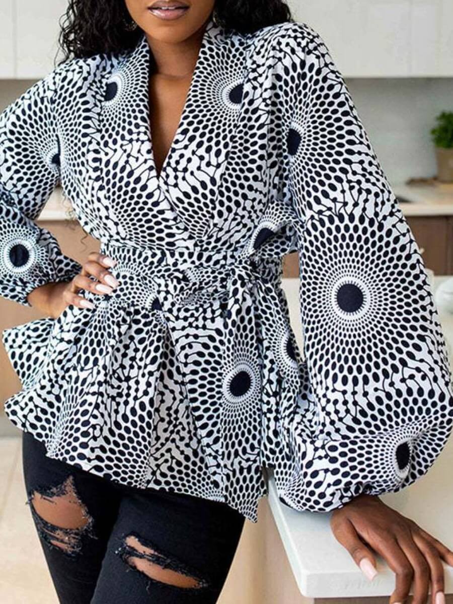 

Lovely Stylish Geometric Print Lace-up Flounce Design White Coat