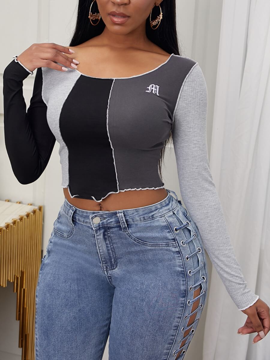 

Lovely Casual O Neck Color-lump Patchwork Grey T-shirt