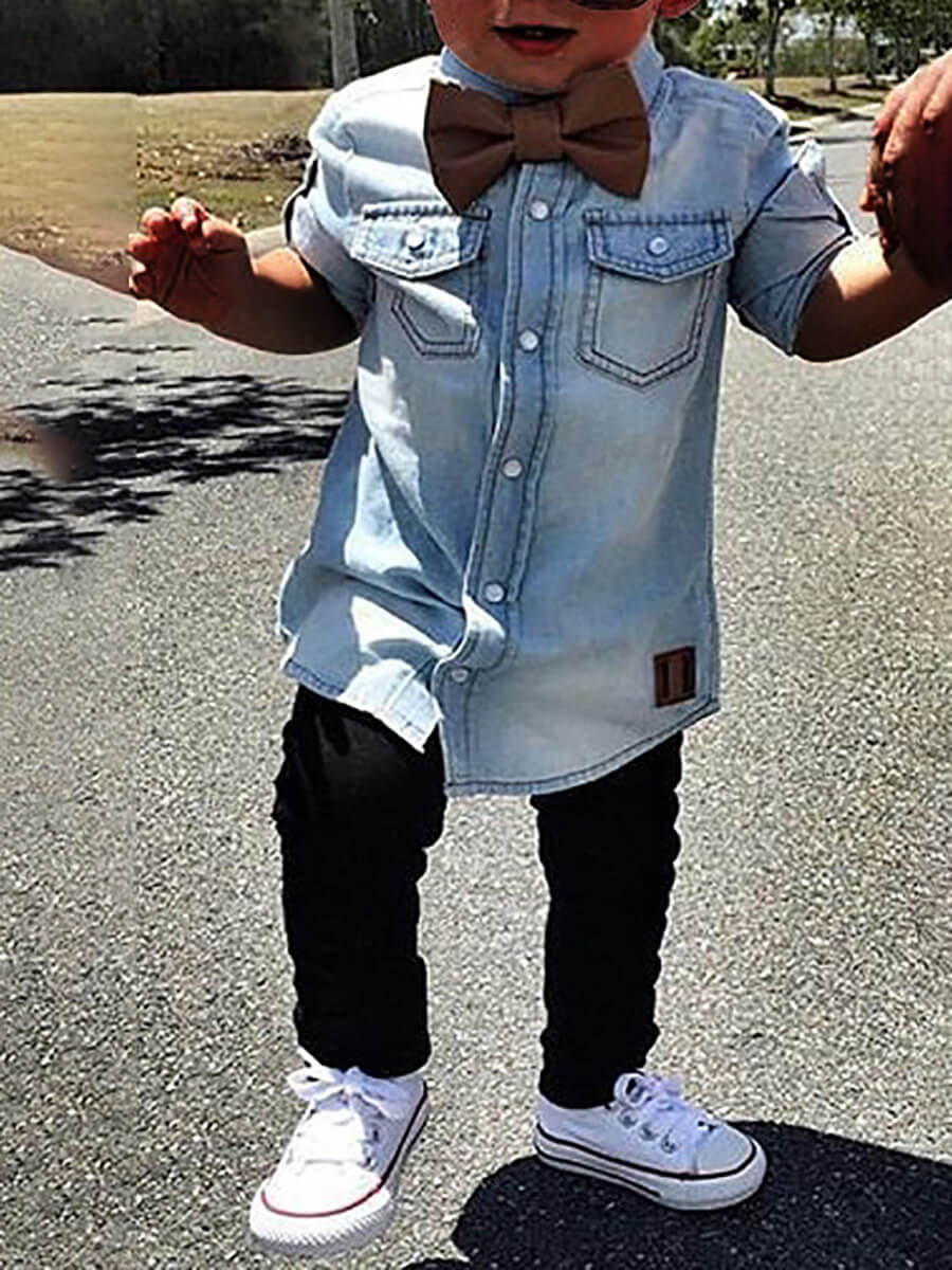 

Lovely Casual Turndown Collar Pocket Design Baby Blue Boy Shirt