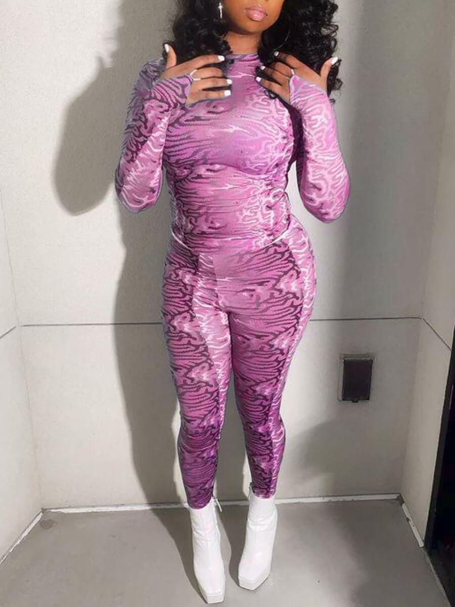 

Lovely Sportswear O Neck Animal Print Pink Yoga Two Piece Pants Set