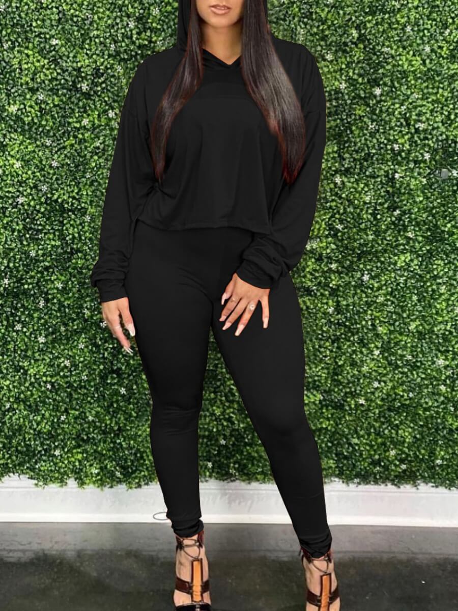 

Lovely Trendy Hooded Collar Dropped Shoulder Elastic Black Two Piece Pants Set
