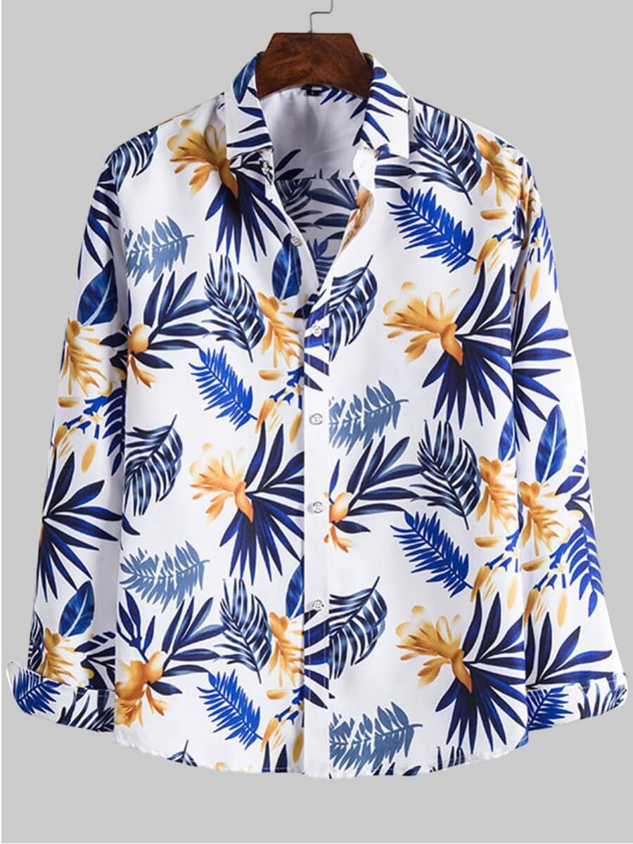 

Lovely Men Trendy Floral Print Patchwork White Shirt