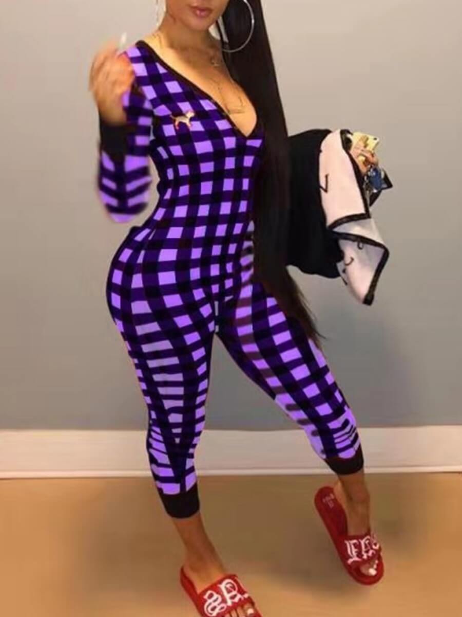 

Lovely Casual V Neck Plaid Print Purple One-piece Jumpsuit