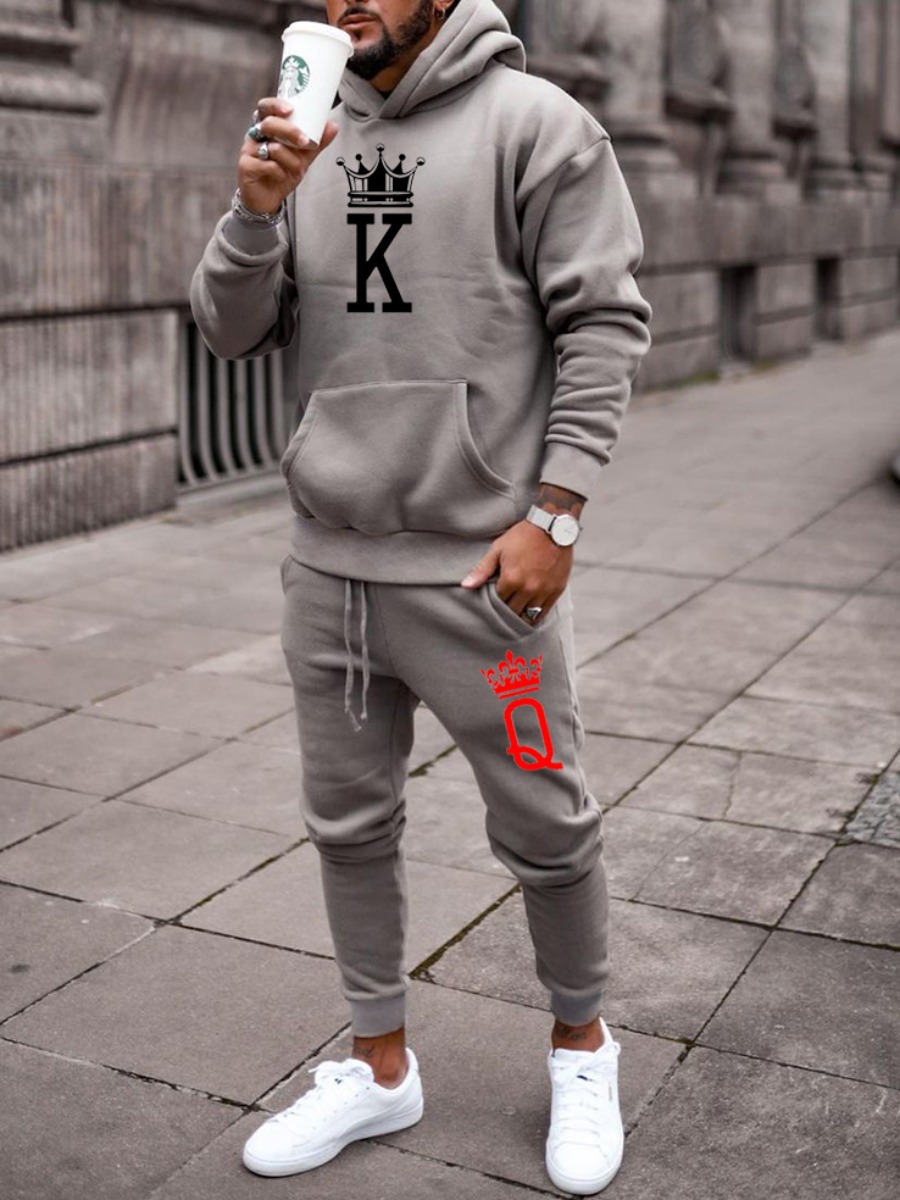 

LW Men Casual King Poker Print Kangaroo Pocket Pants Set, Grey