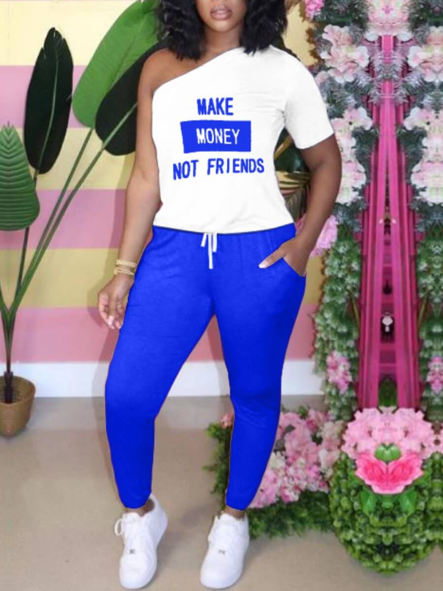 

Lovely Casual One Shouder Letter Print Drawstring Design Blue Two Piece Pants Set