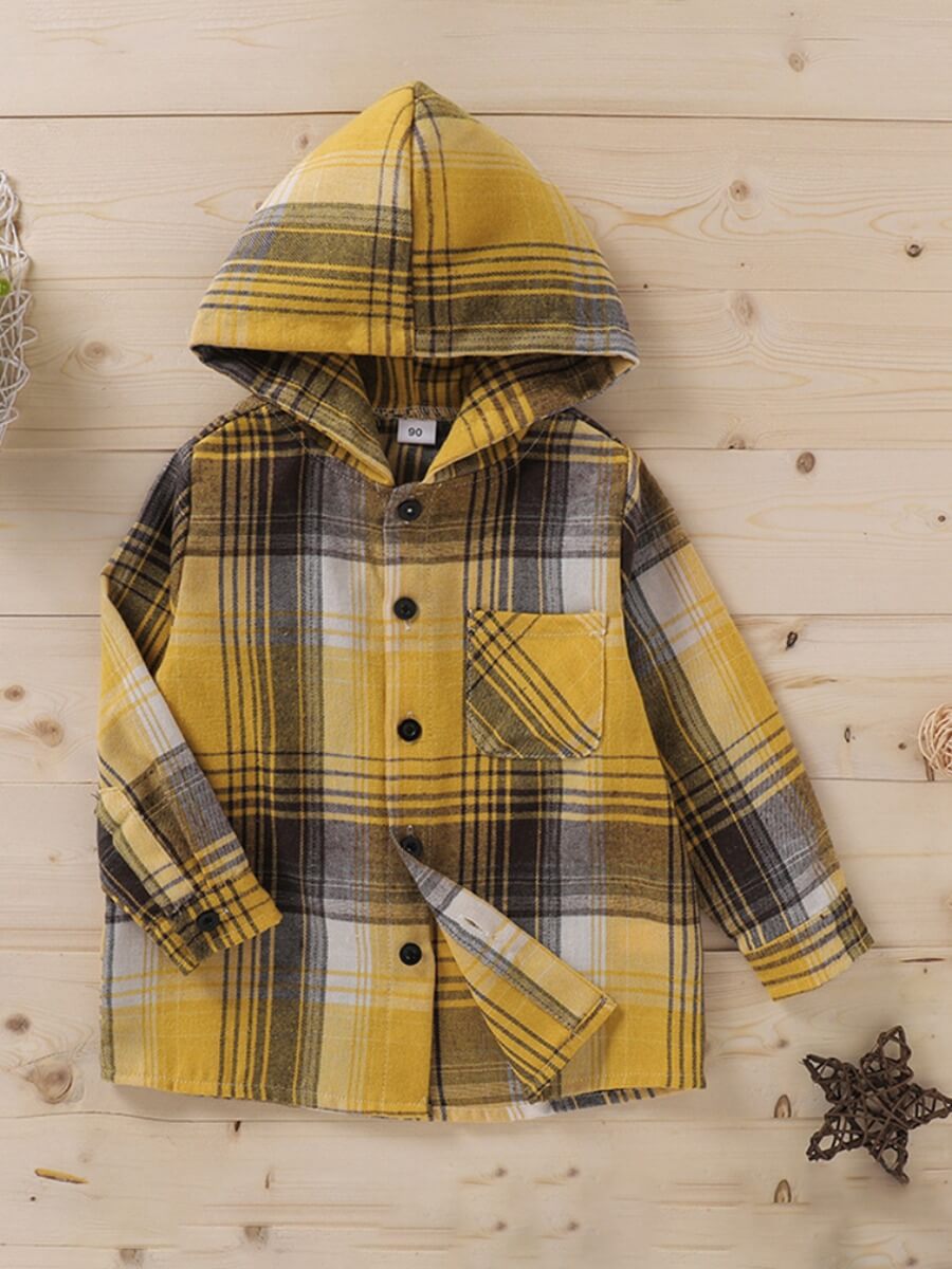 

Lovely Casual Hooded Collar Plaid Print Yellow Boy Shirt