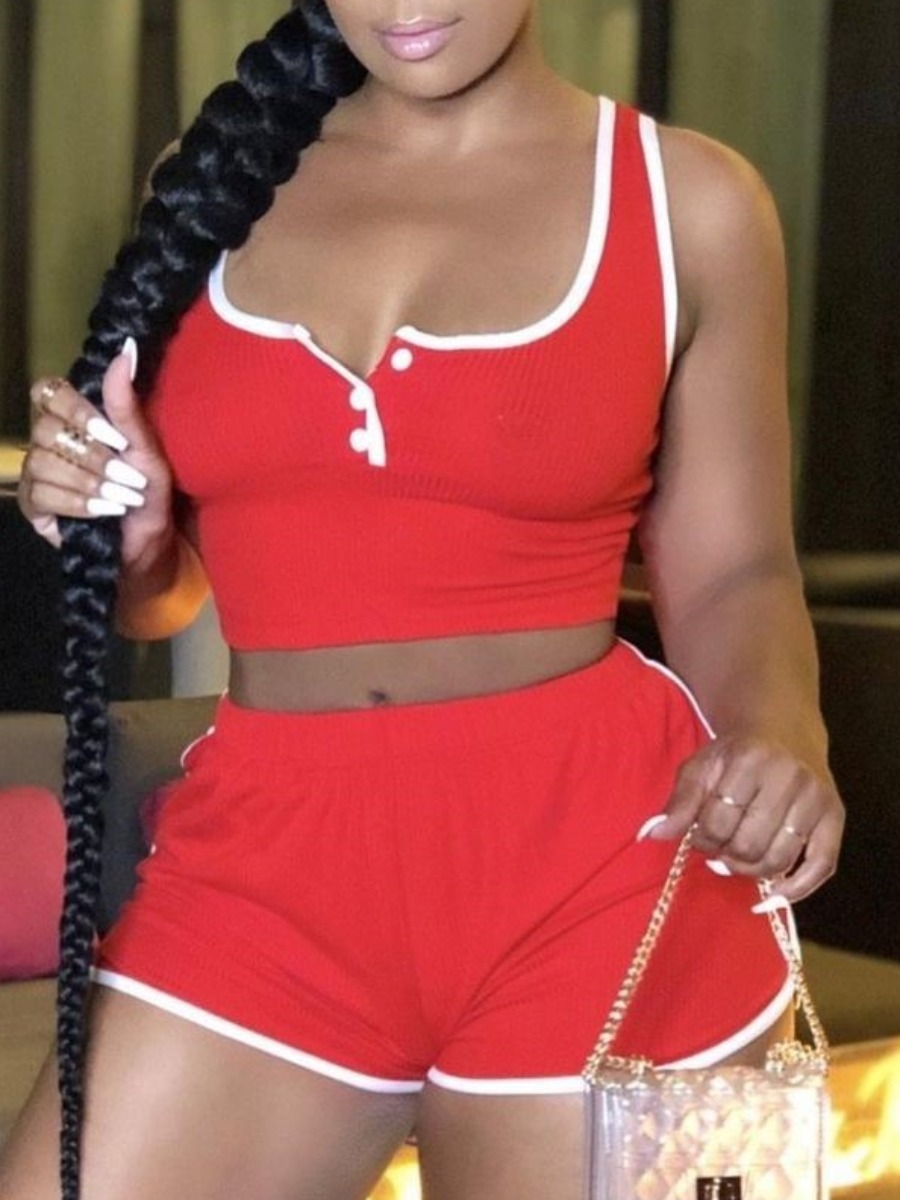 

Lovely Sportswear U Neck Tank Sleeveless Patchwork Red Two Piece Shorts Set