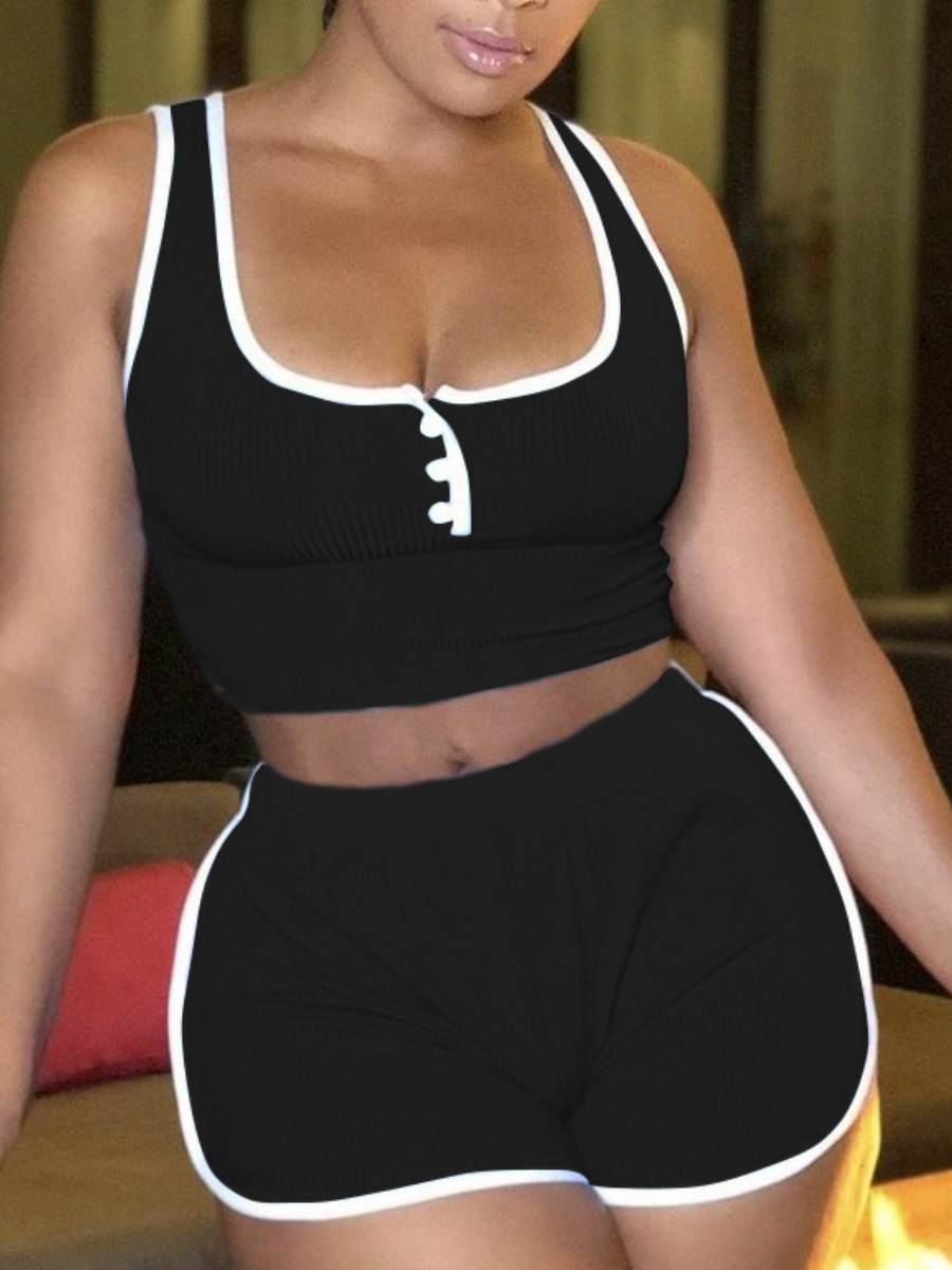 

Lovely Sportswear U Neck Tank Sleeveless Patchwork Black Two Piece Shorts Set