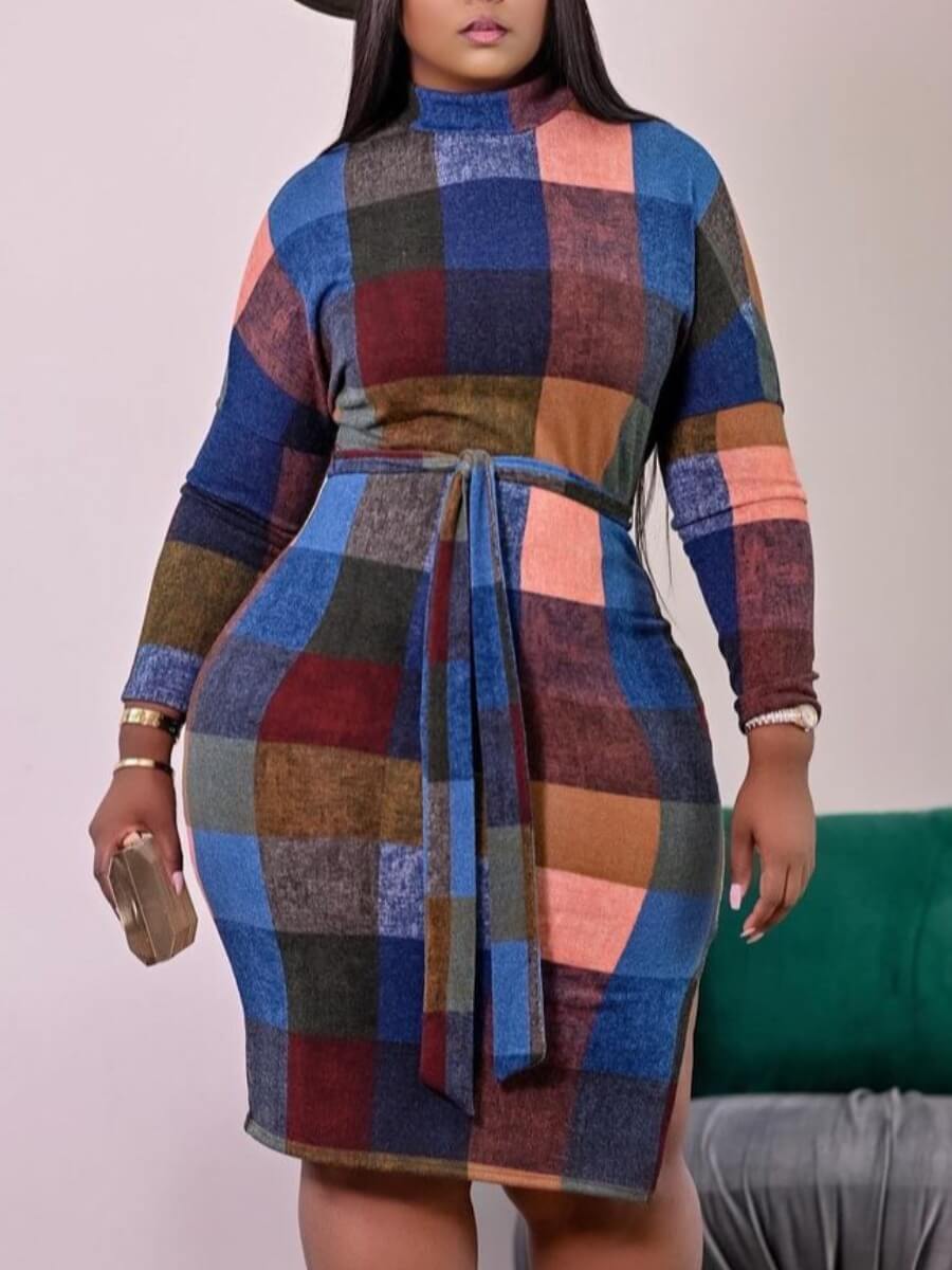 LW Street Plaid Print Lace-up Side Slit Multicolor Knee Length Dress