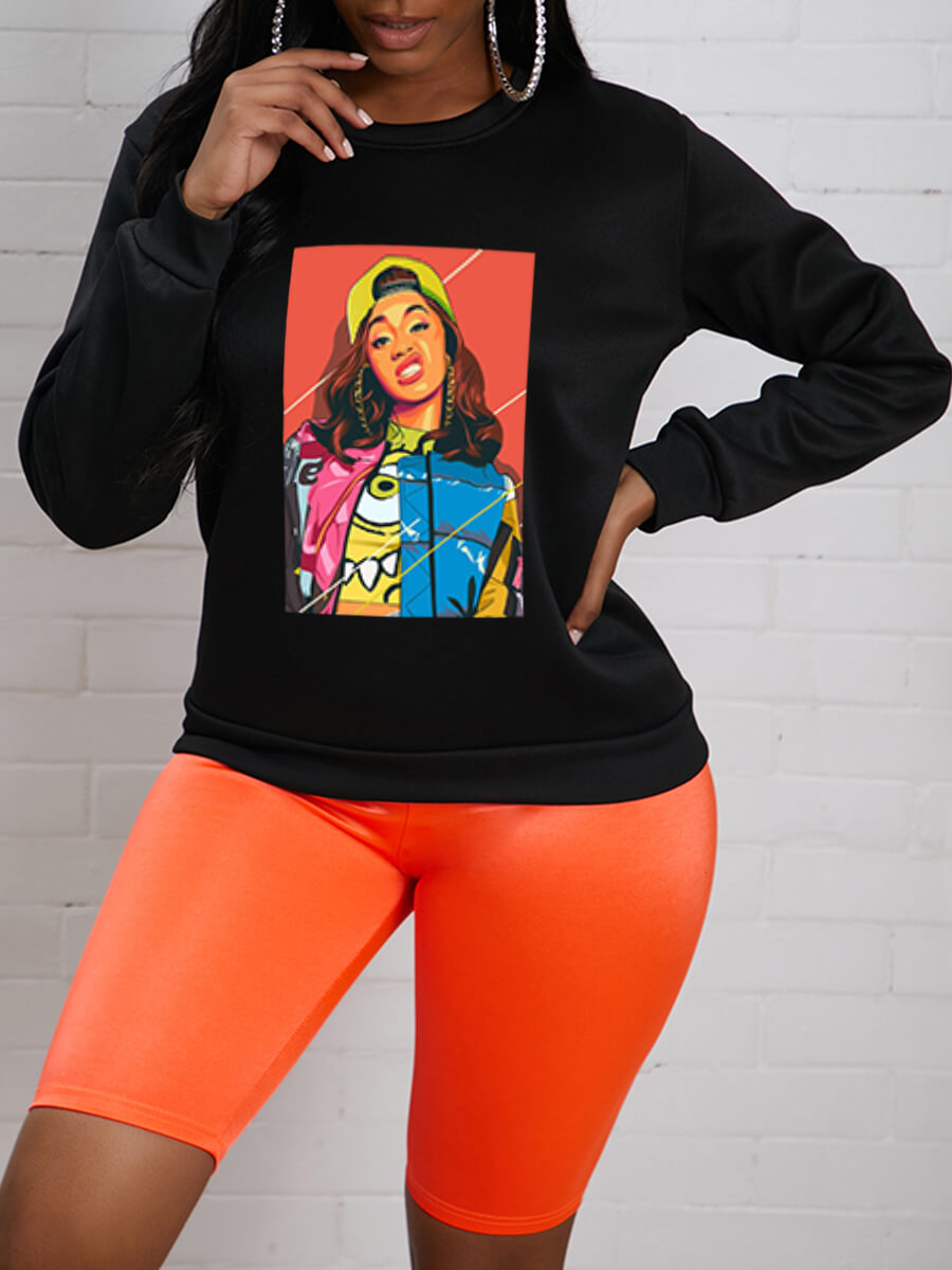 

Lovely Chic Portrait Print Patchwork Black Hoodie