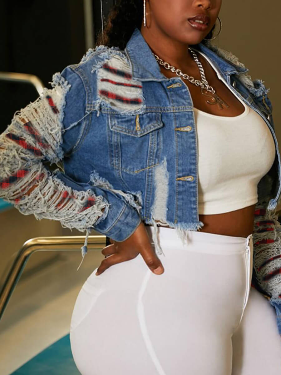 

Lovely Plus Size Street Broken Holes Blue Denim Jacket