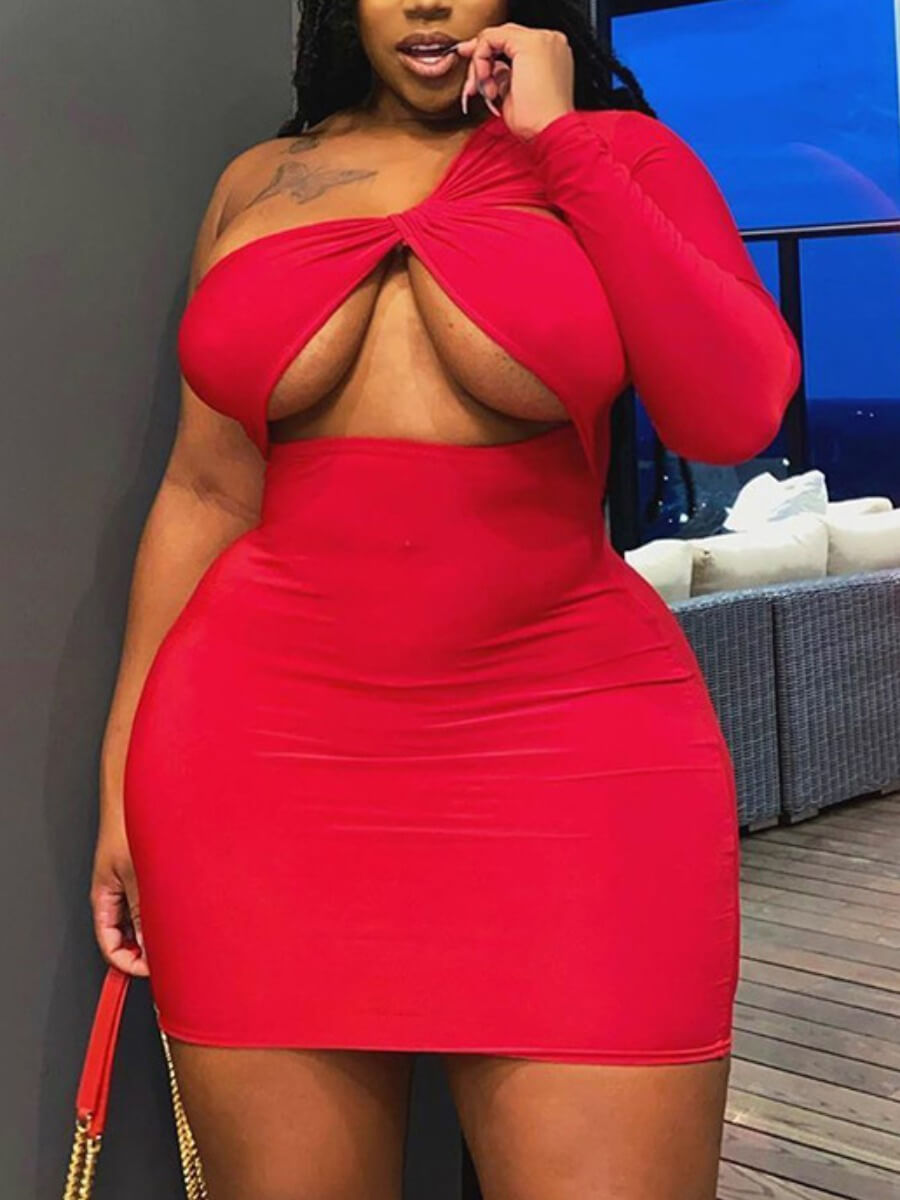 

Lovely Sexy One Shoulder Hollow-out Red Mini Dress