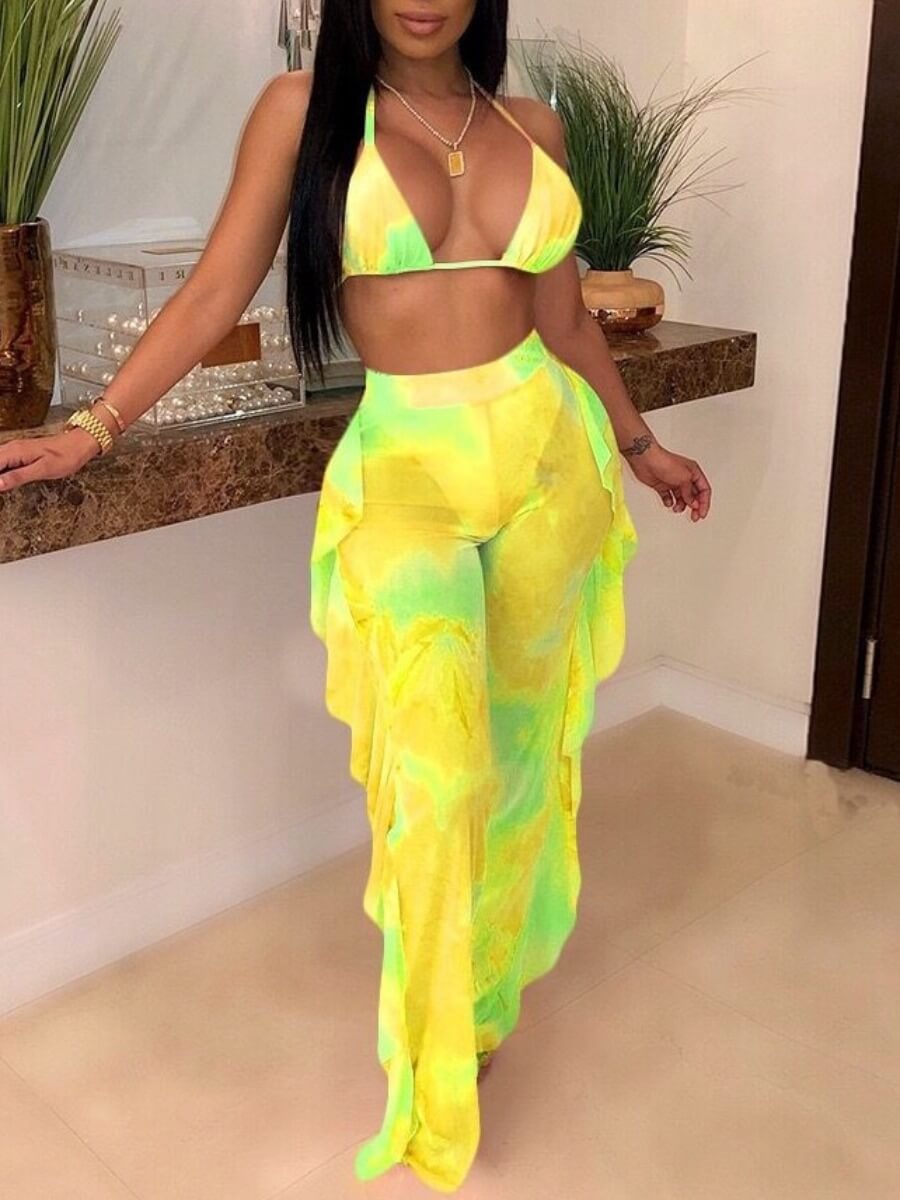 

Lovely Sweet Tie-dye Flounce Design Yellow Two-piece Swimsuit